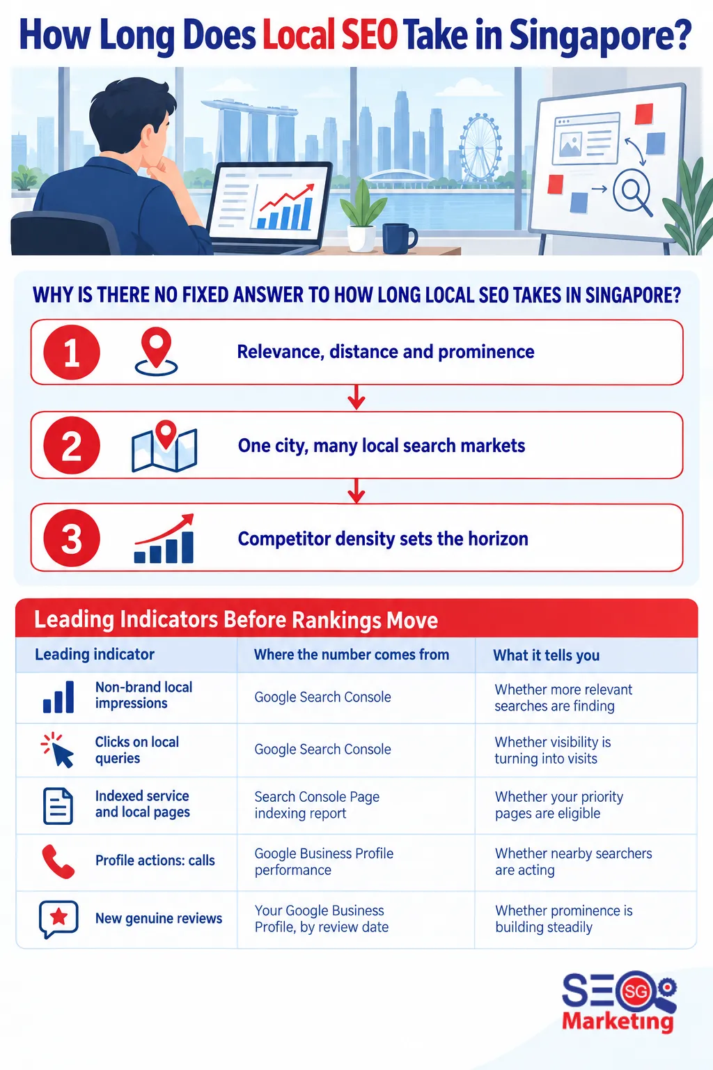 Infographic: How Long Does Local SEO Take in Singapore? — 3 steps: Relevance, distance and prominence, One city, many local search markets, Competitor density sets the horizon